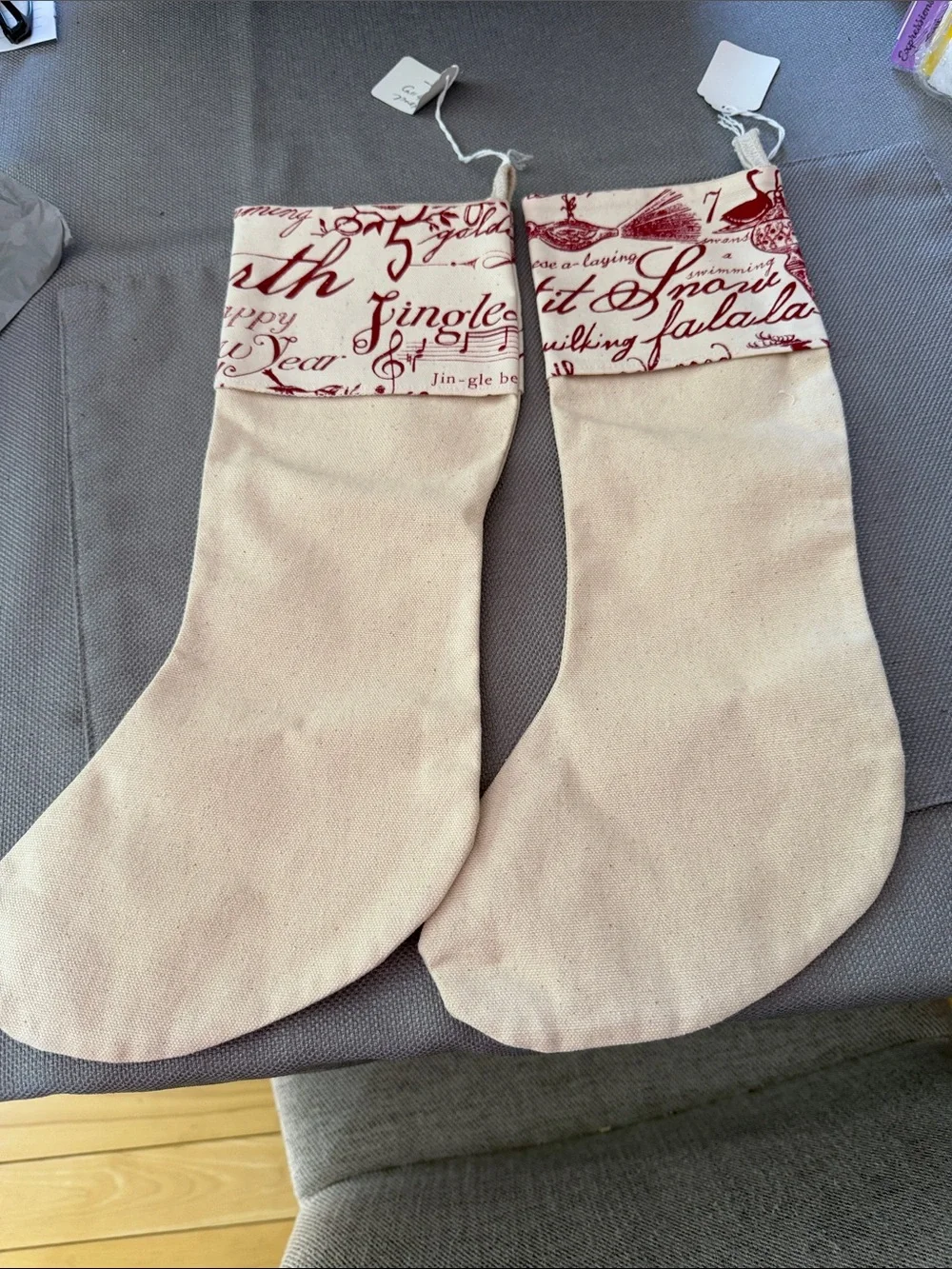 Beige  hand made woven canvas feel Christmas stockings with Red Script Cuff
